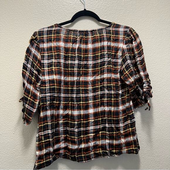 Madewell Plaid Cinched-Sleeve Top Ruched Sleeves V-Neck Blouse Top Size Medium - Picture 10 of 11